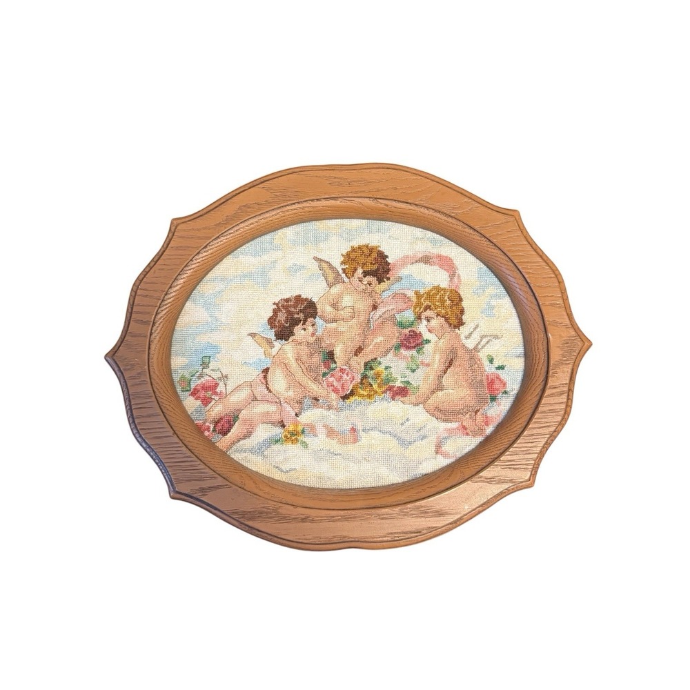 Unbranded Needlepoint Wall Art Unisex OS Brown Cherub Angel Scallop Frame‎